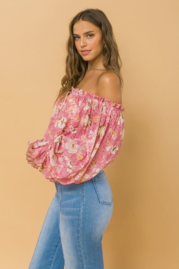 Women's Off the Shoulder Pink Floral Crop Top - Sexy Mama